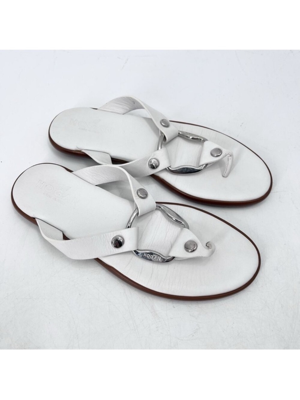 Hogan by Tod's Ibiza Ring White Leather Thong Sandals Womens Size 7